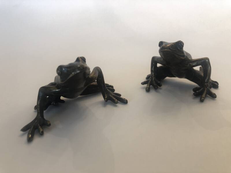 Bronzen dierenbeeldjes van 2 kikkertjes op reis door marius verhagen in brons