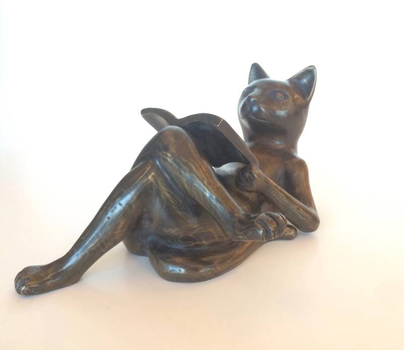 Bronzen beeld van een poes die een boek leest