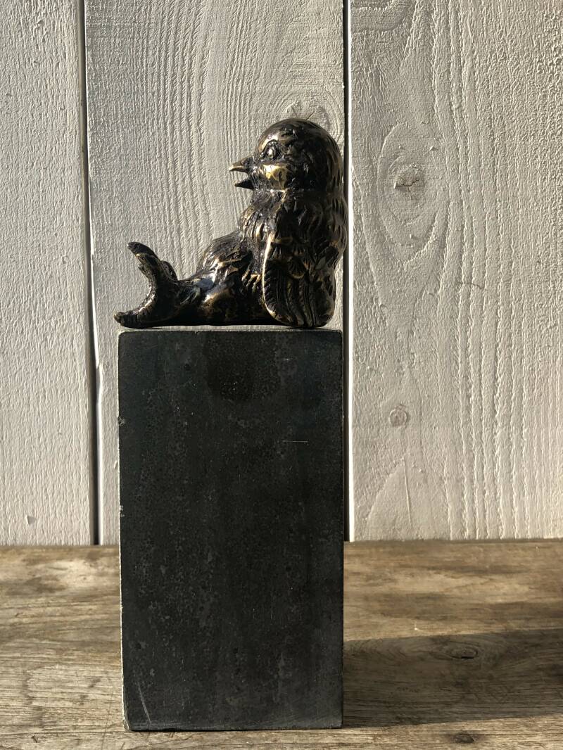 Heerlijk bronzen beeldje van een lekker lui kippen kuikentje die zijn buikje net rond heeft gegeten van dé BronzenBeelden-winkel LENT