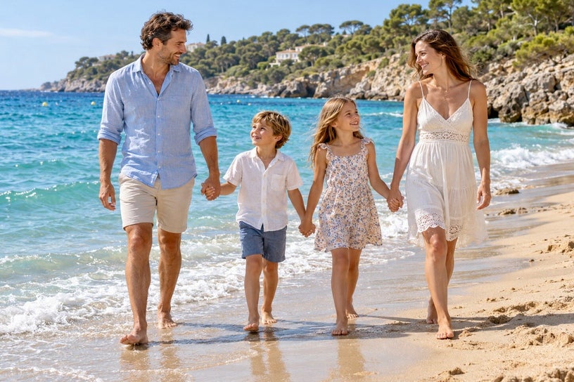 Ouders en twee kinderen genieten van tapas op een terras met uitzicht op zee in Spanje.