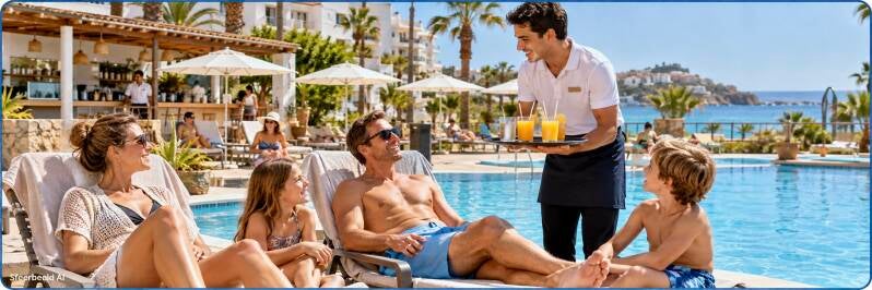 Gezin ontspant bij een zwembad terwijl een ober drankjes serveert in een all-inclusive resort aan de Spaanse kust.
