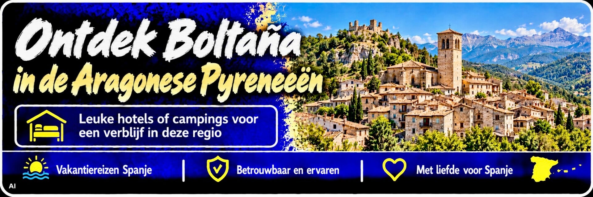 Ontdek Boltaña in de Aragonese Pyreneeën’ met een AI-impressie van het dorp en tips voor hotels en campings.