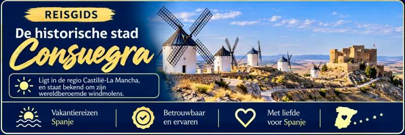 De windmolens en het kasteel van Consuegra in Castilië-La Mancha.