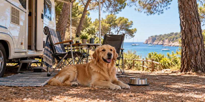 Hond in de schaduw naast een camper op een camping aan de Spaanse kust