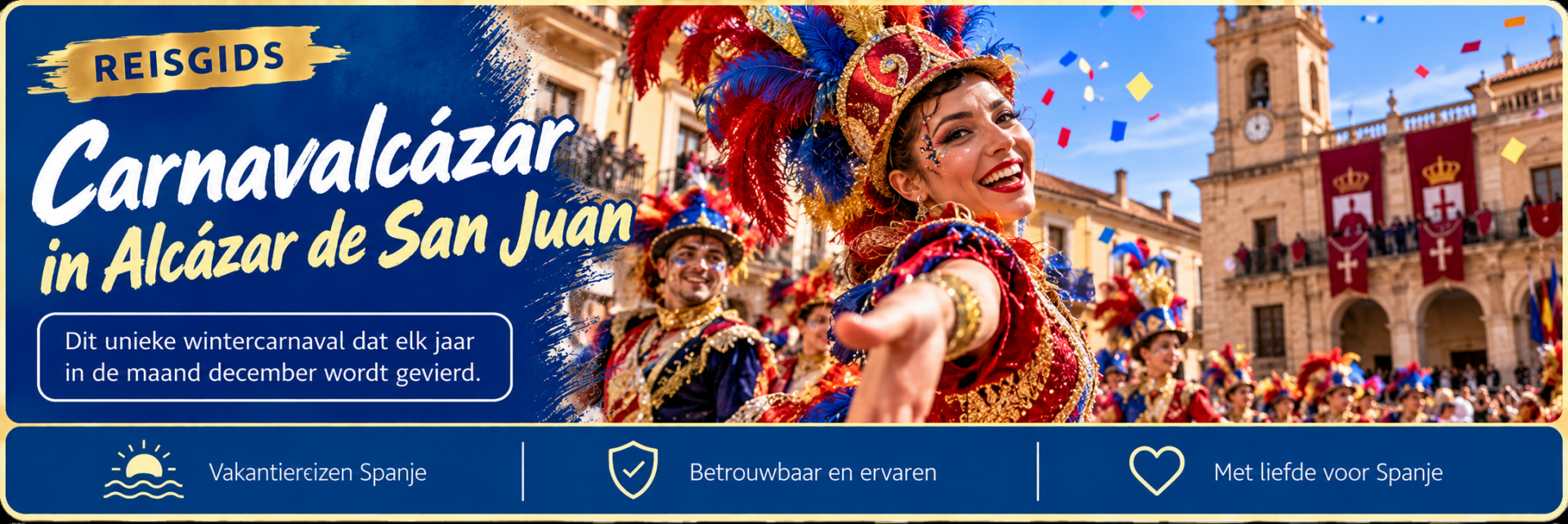 Carnavalcázar in Alcázar de San Juan met kleurrijke carnavalskostuums en een feestelijke optocht in december