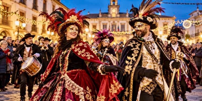 AI-afbeelding van gemaskerde carnavalsvierders onder decemberse feestverlichting, geïnspireerd op Carnavalcázar in Alcázar de San Juan.