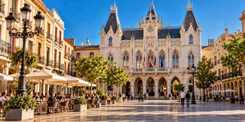 AI-impressie van de Plaza Mayor van Ciudad Real met het stadhuis en zonnige terrassen in Castilië-La Mancha.