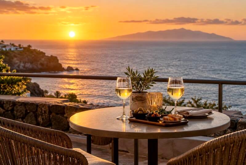 Terras met wijn en tapas bij zonsondergang aan zee, met La Gomera aan de horizon.
