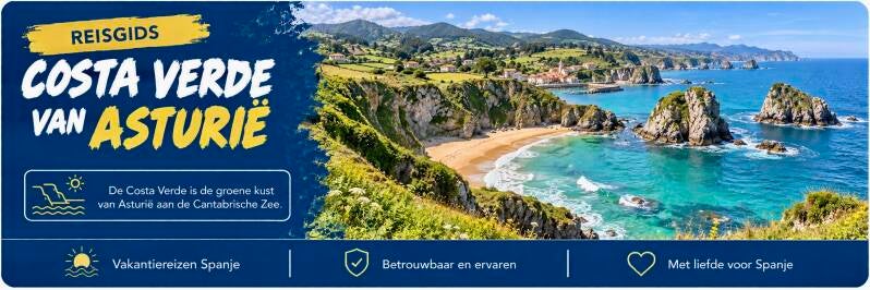 Costa Verde van Asturië – de groene kust aan de Cantabrische Zee, met groene kliffen en een zandstrand.