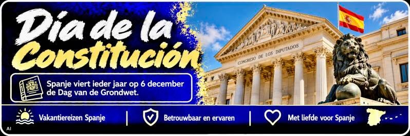 Día de la Constitución met het Spaanse parlementsgebouw, een bronzen leeuw en de Spaanse vlag in Madrid.