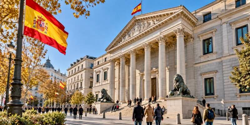 Spaanse vlaggen bij het parlementsgebouw in Madrid ter gelegenheid van de Dag van de Spaanse Grondwet op 6 december.