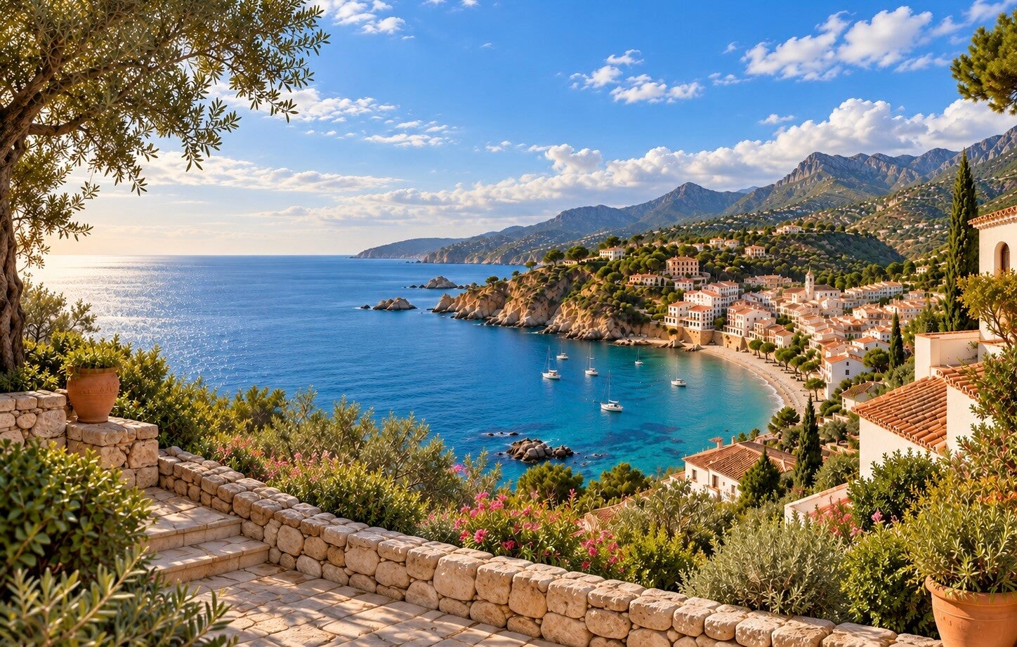 Vakantiereis door Spanje met uitzicht op een sfeervol dorp, bergen en het mediterrane landschap.