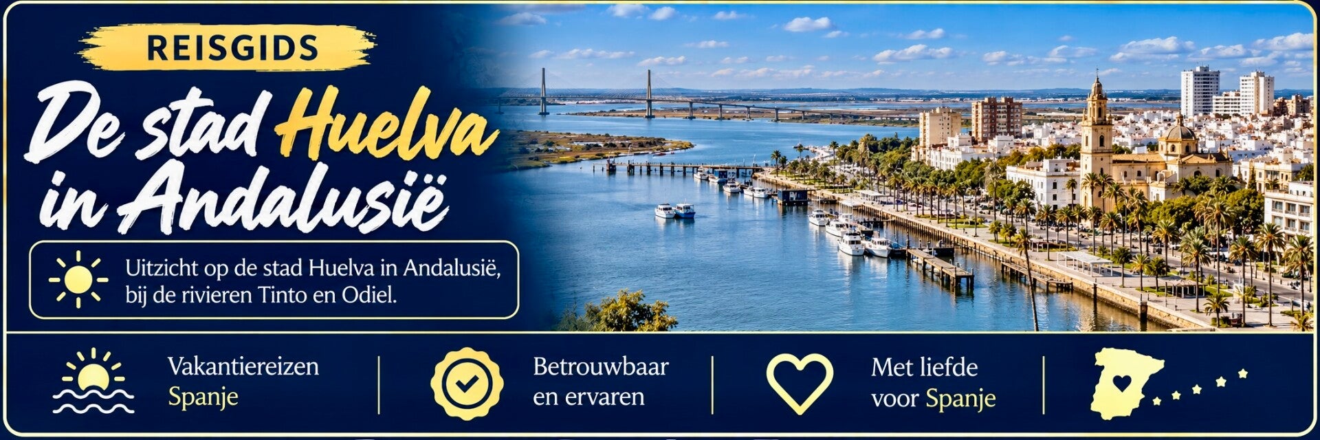 Illustratieve banner van Huelva in Andalusië, bij de rivieren Tinto en Odiel.