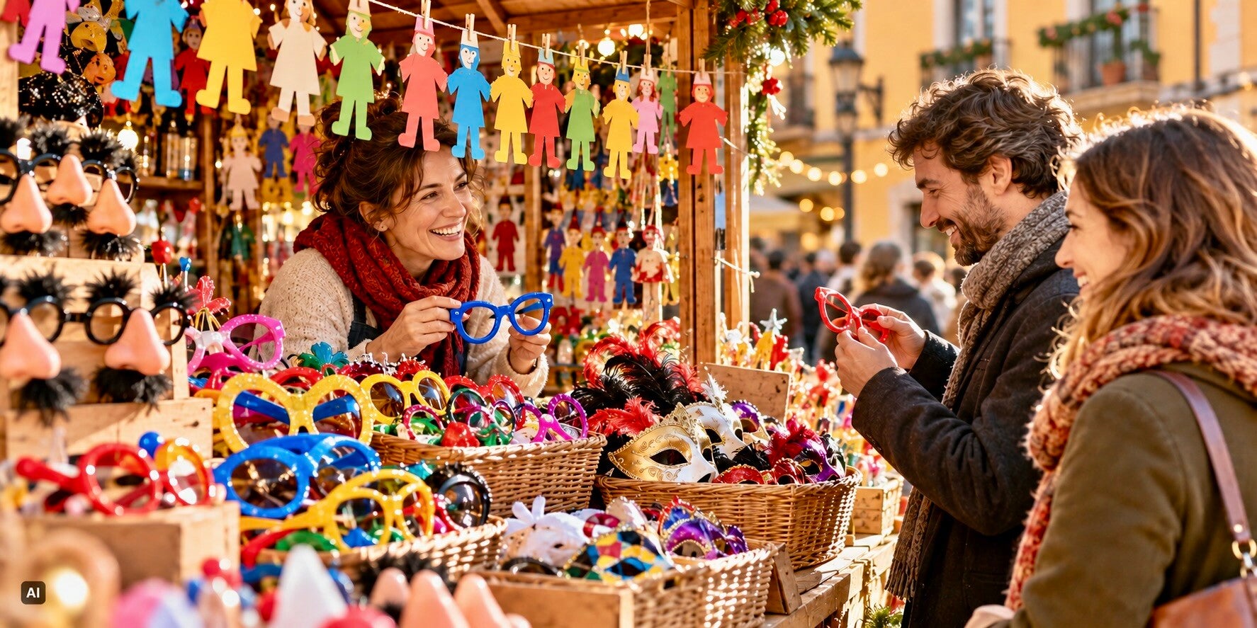 AI-afbeelding van een Spaanse marktkraam met fopartikelen en papieren poppetjes voor Día de los Santos Inocentes.