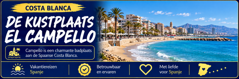 Banner van El Campello aan de Costa Blanca met strand, boulevard en zee