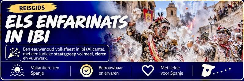 Sfeerbeeld van Els Enfarinats in Ibi, met verklede deelnemers tijdens de strijd met meel en eieren.