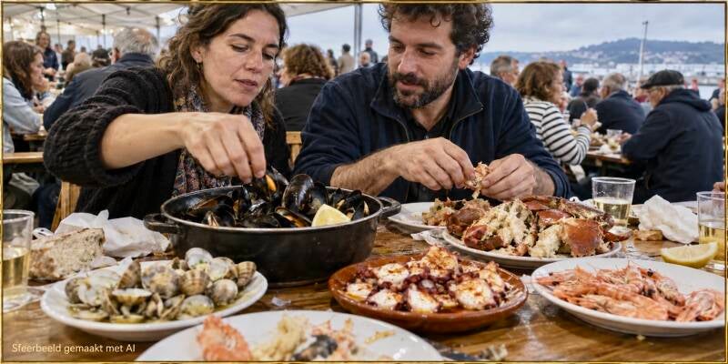 Schaal met mosselen, schelpdieren, krab en garnalen tijdens de Fiesta del Marisco in O Grove