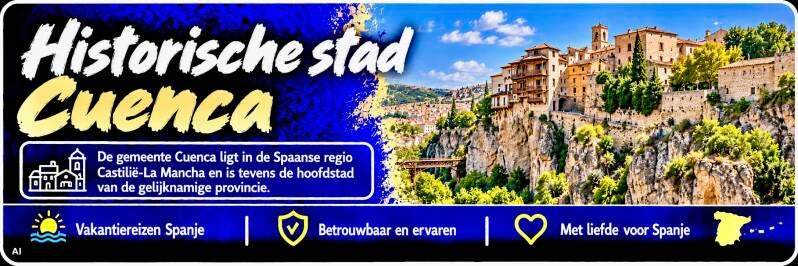 Banner van Cuenca met de hangende huizen boven de Huécar-kloof in Castilië-La Mancha.