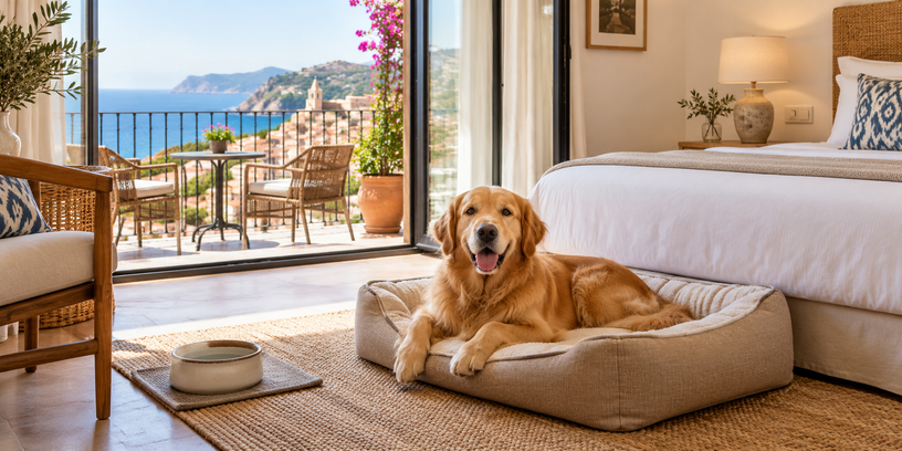 Hond op een eigen hondenbed in een Spaanse hotelkamer met balkon