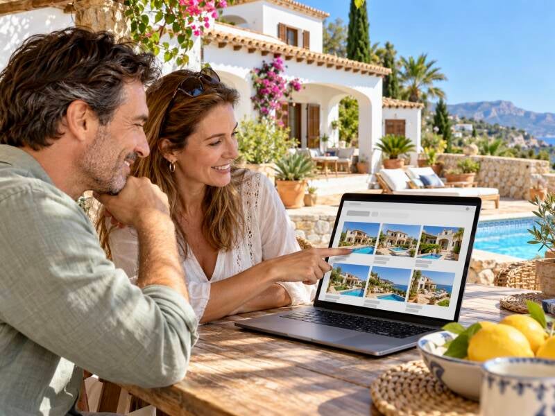 Stel bekijkt Spaanse woningen op een vastgoedwebsite via een laptop, op een terras bij een villa met zwembad.