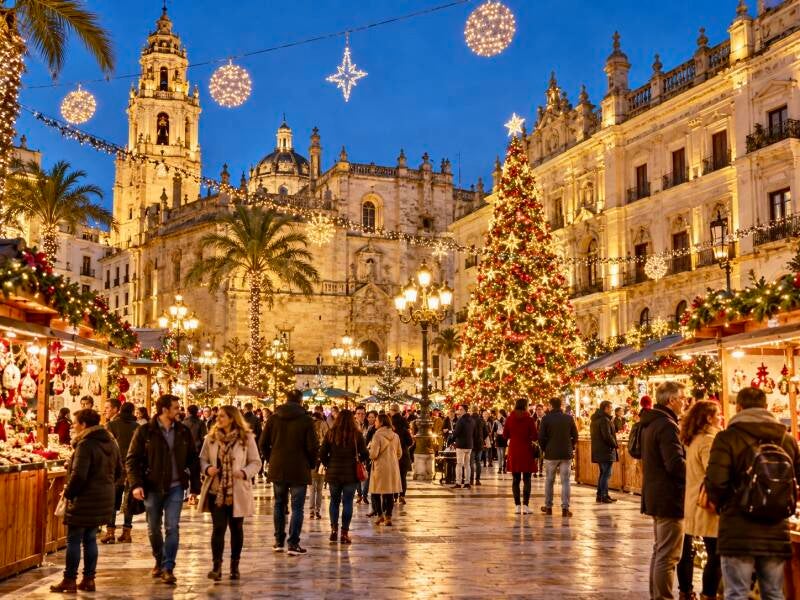 Sfeervolle kerstmarkt op een Spaans plein met kerstverlichting, een grote kerstboom en bezoekers.