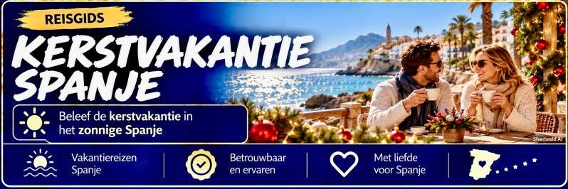 Kerstvakantie Spanje met een stel op een zonnig terras aan zee en kerstversiering.
