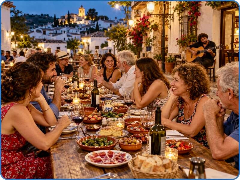 Bewoners praten aan een lange tafel met tapas en wijn op een Spaans dorpsplein in de avond, met een gitarist op de achtergrond.