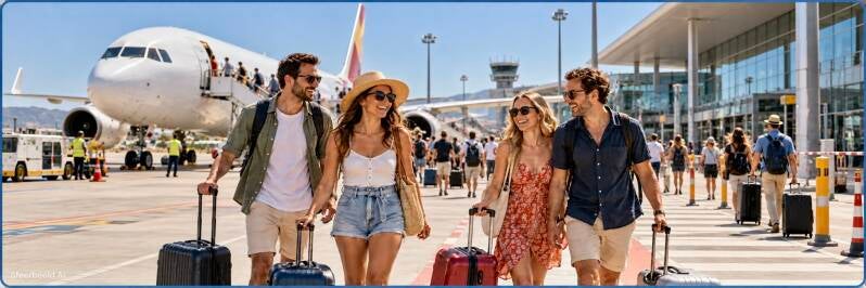 Reizigers met koffers op een zonnig vliegveld bij een vliegtuig voor een last minute vakantie naar Spanje.