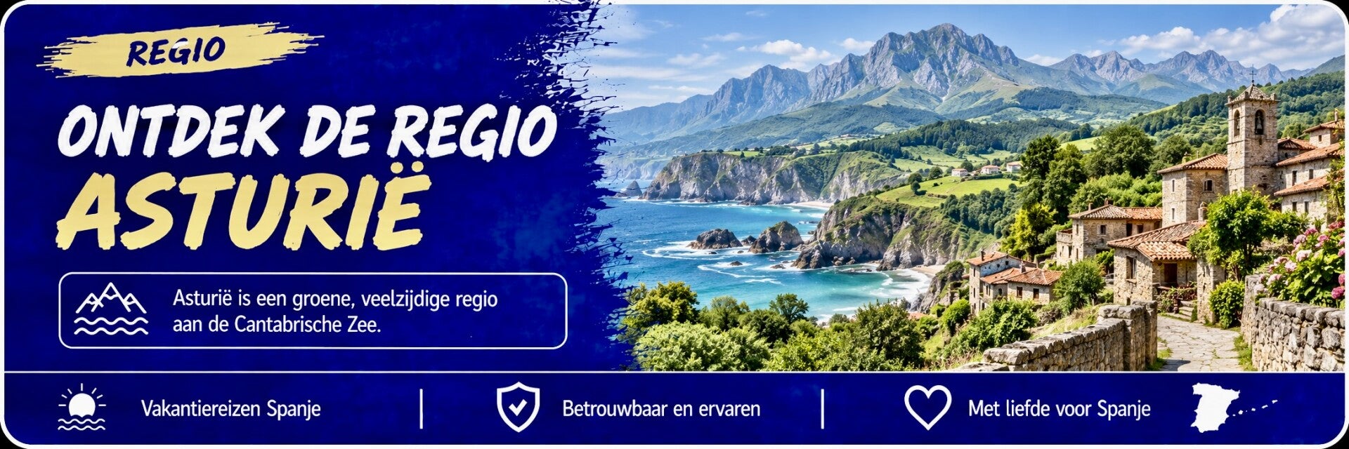 Groene bergen, ruige kust en dorp in de regio Asturië aan de Cantabrische Zee
