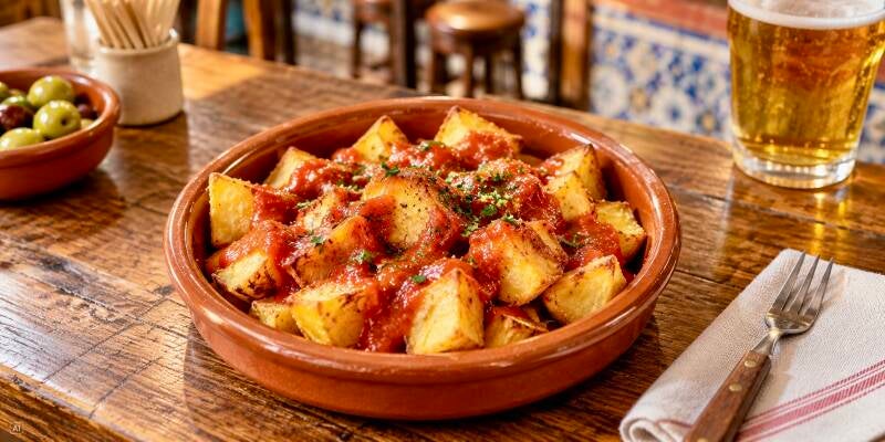 Krokante patatas bravas met pittige rode saus in een terracotta schaal in een Spaanse tapasbar.