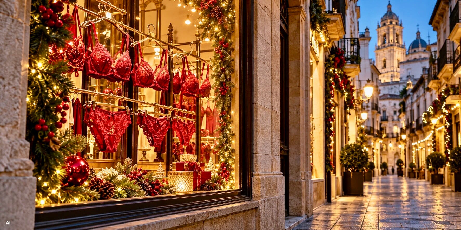 Rode lingerie in een feestelijk verlichte Spaanse winkeletalage in december.