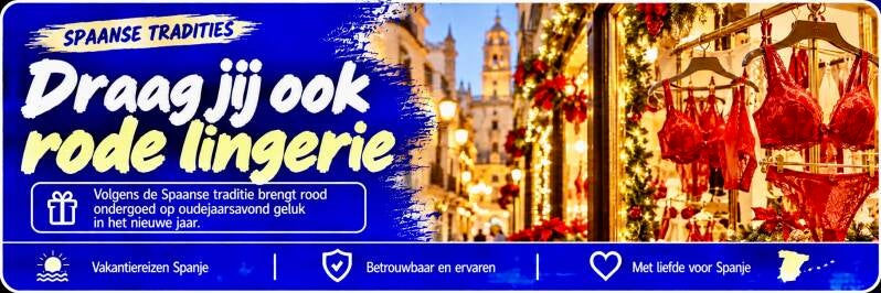 Rode lingerie in een feestelijke Spaanse winkeletalage, met uitleg over de oudejaarstraditie voor geluk.