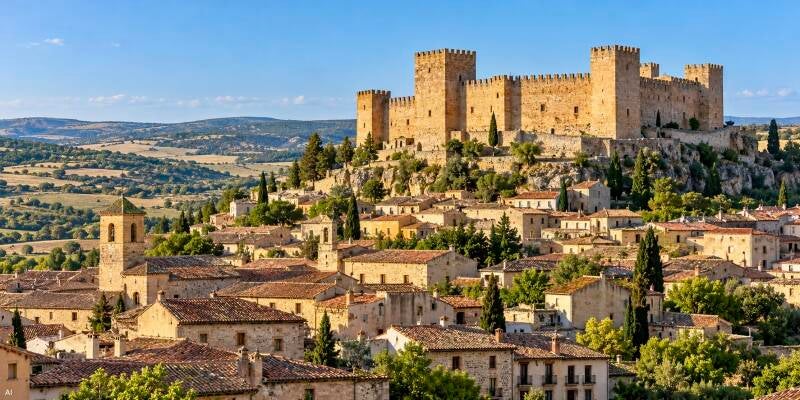 Uitzicht over de historische binnenstad van Sigüenza met het middeleeuwse kasteel in Castilië-La Mancha.