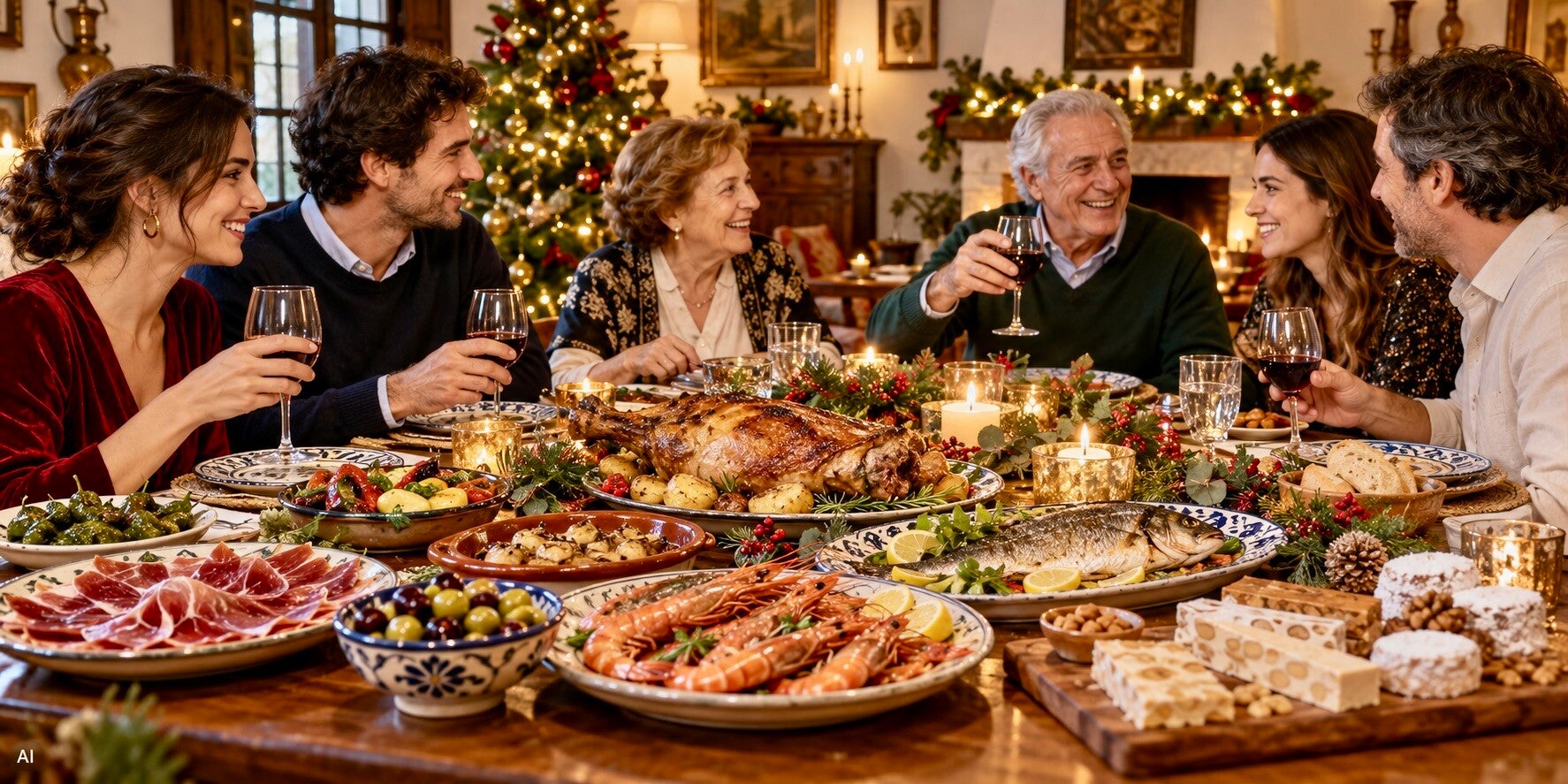Familie aan een Spaanse kersttafel met tapas, geroosterd vlees, vis, garnalen en turrón.