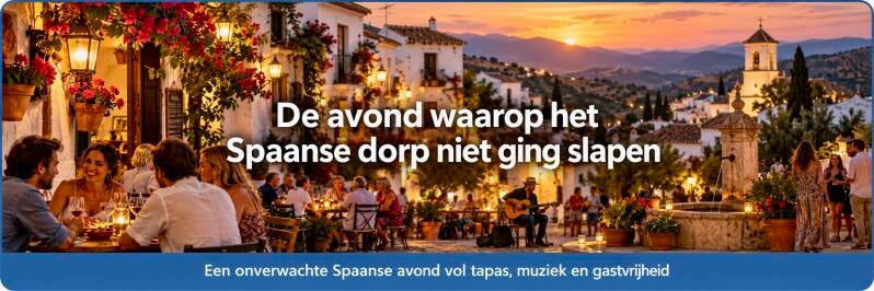 Wit Spaans dorp bij zonsondergang met gezellige terrassen, tapas en een gitarist op het dorpsplein.