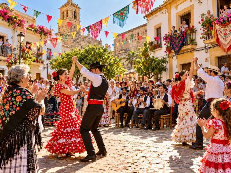 Bewoners vieren een Spaans volksfeest met dans en muziek op een dorpsplein met kleurrijke vlaggetjes.