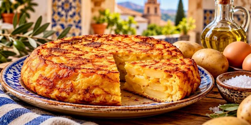 Spaanse tortilla de patatas met een afgesneden punt, omringd door aardappelen, eieren en olijfolie.