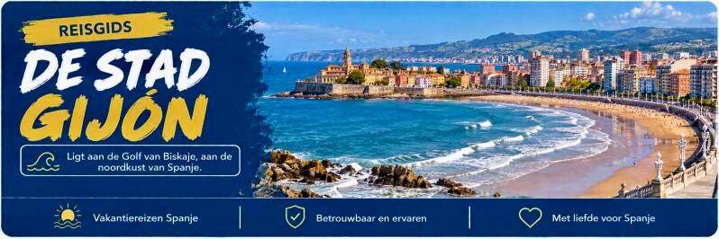 De stad Gijón aan de Golf van Biskaje met Playa de San Lorenzo, de boulevard en de wijk Cimavilla.