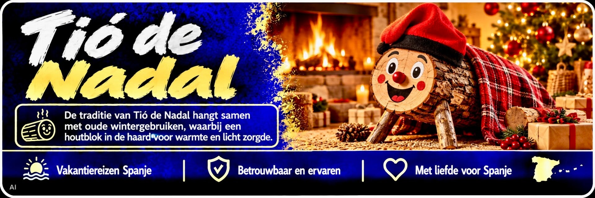 Tió de Nadal met rode muts en deken bij de open haard, een traditionele Catalaanse kerstversiering.