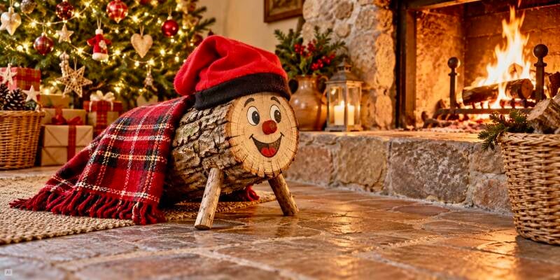 Tió de Nadal met rode muts en geruite deken bij een brandende open haard en versierde kerstboom.