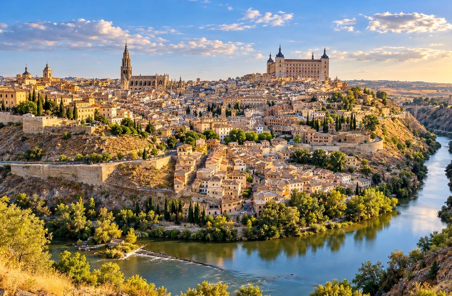 Panoramisch uitzicht op Toledo met de Taag, de kathedraal en het Alcázar.