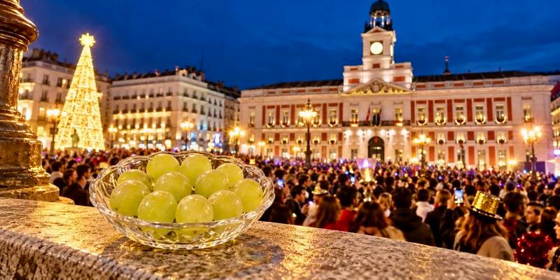 AI-afbeelding van twaalf geluksdruiven met de verlichte Puerta del Sol in Madrid tijdens oudejaarsavond.