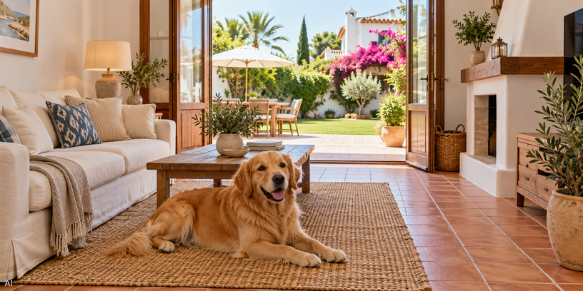 Hond in een Spaanse vakantiewoning met openslaande deuren naar een tuin