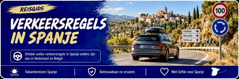 Auto op een Spaanse weg met verkeersborden en een rotonde