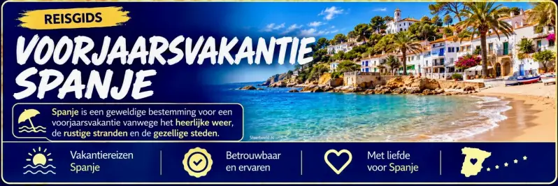 Voorjaarsvakantie Spanje met een rustig strand en een zonnig Spaans kustplaatsje.