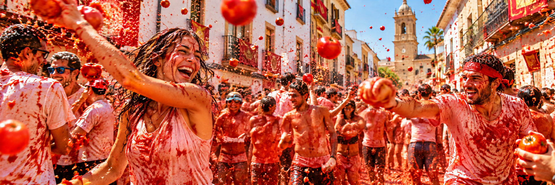 Tomatengevecht tijdens La Tomatina in Buñol, Spanje