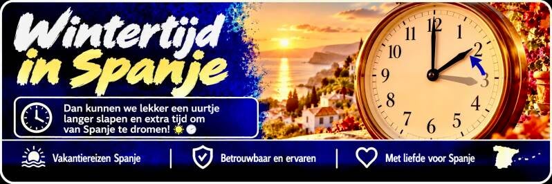 Banner Wintertijd in Spanje met een grote klok en een pijl van 3 uur terug naar 2 uur.