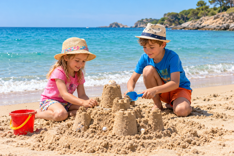 Twee kinderen bouwen een zandkasteel op een zonnig strand in Spanje.