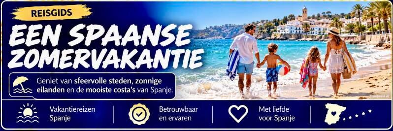 Banner voor een zomervakantie in Spanje met een gezin aan een zonnig strand en een Spaanse kustplaats op de achtergrond.