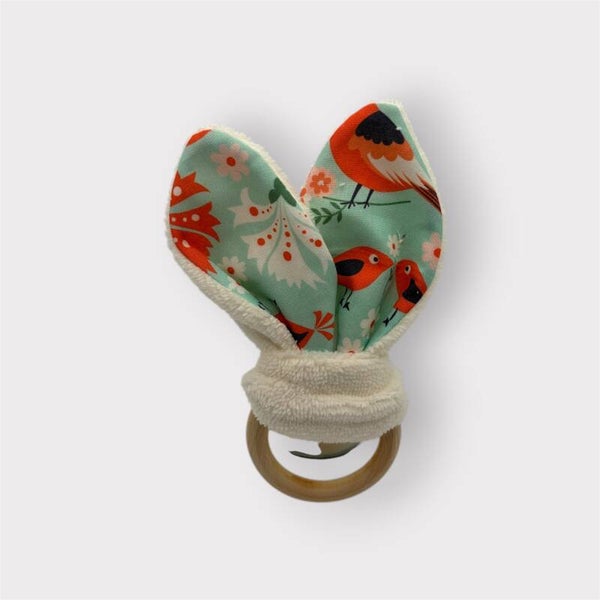 Anneau de dentition lapin - tissu vert avec des oiseaux